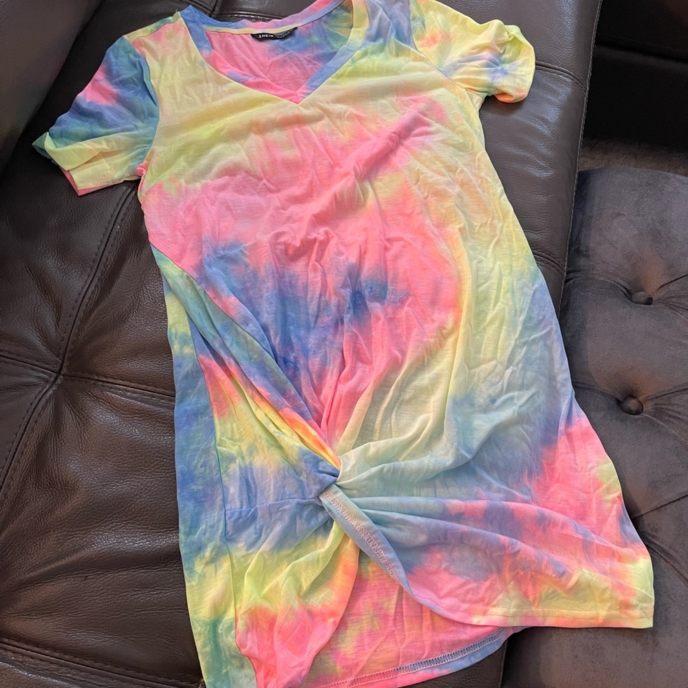 Tie Dyed t shirt mini dress Rainbow Multi colored Large